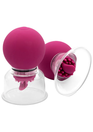 Två magenta silikon SHE.E.O Tung Klitorisvibrator-enheter med tydliga baser och mjuka, texturerade spetsar.