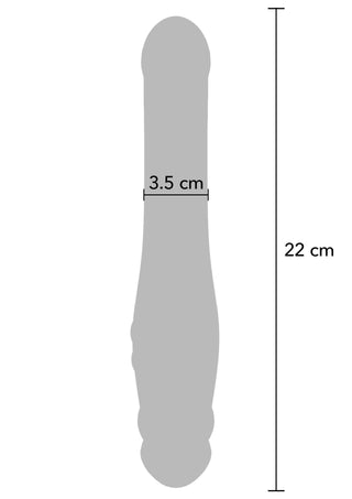 Lila strap-on-vibrator i silikon utan remmar, med slät design, 22 cm lång och 3,5 cm bred i mitten.