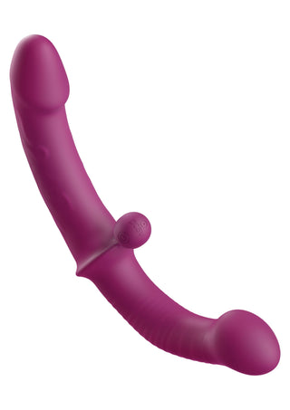 Lila, dubbelsidig G-punktsvibrator i silikon med böjd form och knappreglage, avbildad mot en vit bakgrund.