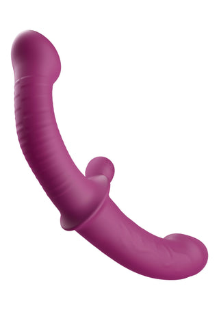Lila, stropplös silikonvibrator med två ändar och texturerad yta samt rundade ändar, avbildad mot en vit bakgrund.