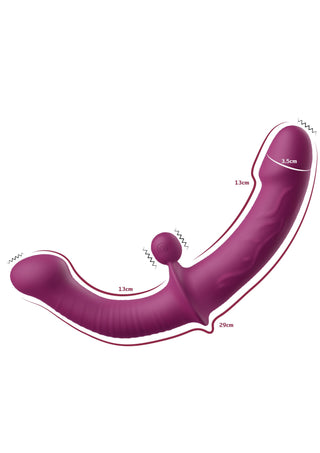 Lila, strukturerad silikonvibrator med två ändar för G-punkten, avbildad med angivna mått: 13 cm, 3,5 cm och 29 cm.