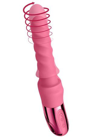 Rosa silikonvibrator med spiralformad skaft, metallhandtag samt rotations- och stötfunktioner.