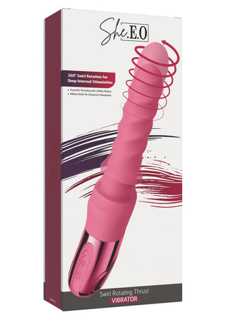 Rosa ribbad silikonvibrator med rotations- och stötfunktion samt en uppladdningsbar bas i metall.