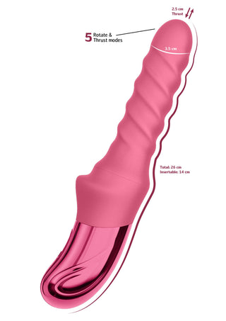 Rosa silikonvibrator med rotations- och stötfunktion, metallfot och fem lägen.