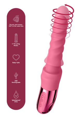 Rosa, räfflad silikonvibrator med en metallbas och fem funktionsikoner.