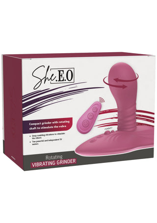 She E.O roterande och vibrerande massager i lila silikon med trådlös fjärrkontroll, avbildad i förpackningen tillsammans med en lista över funktioner.
