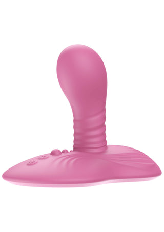 Rosa silikonvibrator med räfflad skaft och kontrollknappar, avbildad mot en enfärgad vit bakgrund.