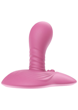 Rosa vibrerande silikonvibrator med strukturerad skaft, platt bas och klitorisstimulator mot en vit bakgrund.