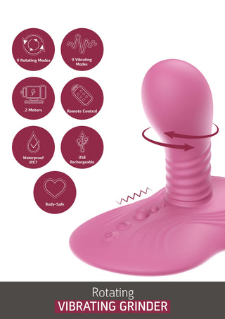 Lila roterande och vibrerande silikonvibrator med dubbla motorer, fjärrkontroll och USB-laddningsport.