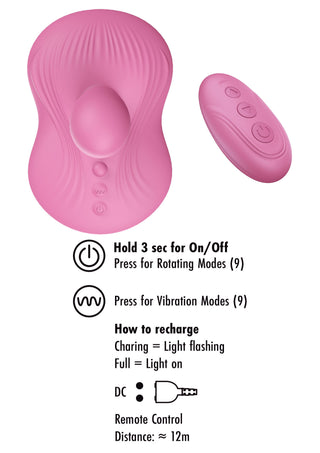 Lila roterande och vibrerande silikonvibrator med inbyggd klitorisstimulator och tillhörande fjärrkontroll.