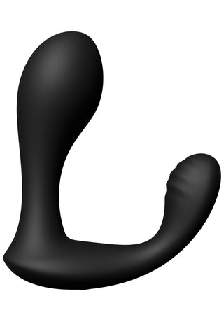 Svart L-formad silikonvibrator för prostata med en strukturerad spets mot en enfärgad vit bakgrund.