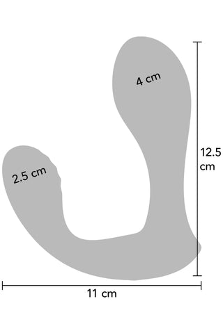 Grå fjärrstyrd prostatavibrator i silikon, böjd design, 12,5 cm hög, 11 cm bred, upp till 4 cm tjock.