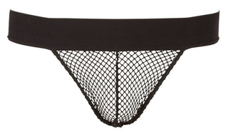 Svarta Jockstrap I Nät har en nätdesign i svart mesh med grovt nät och en extra avlad gummikant i midjan.