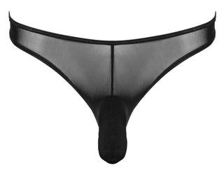 Ett par Svart Herrstring med Pouch herrunderkläder i svart skirt tyg har en stringtrosdesign med en konturerad nätpåse framtill, mot en vit bakgrund.
