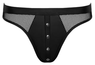 Svart Herrstring med Tryckknappar är en svart mesh stringtrosa med matt finish, metallknappar framtill och meshpaneler på sidorna.