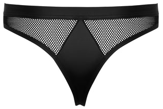 Svart Herrstring med Tryckknappar i mesh med nätpaneler, genomskinliga sidor och en solid, matt triangelformad mitt fram.