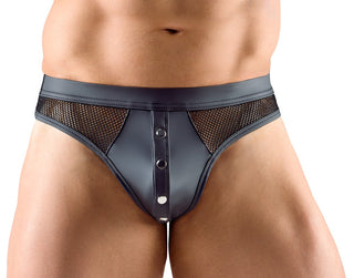 En person bär Svart Herrstring med Tryckknappar-glänsande svarta kalsonger i läderlook med matt yta, nätpaneler och tryckknappar framtill.