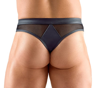 En närbild av en person som bär Svart Herrstring med Tryckknappar, med matt läderlook och nätpaneler, sedd bakifrån.