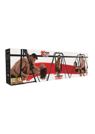 Låda med Lovers Sexswing With Stand som visar par som använder den fristående sexgungan i olika positioner mot en vit bakgrund.