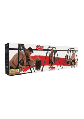 Låda med Lovers Sexswing With Stand som visar par som använder den fristående sexgungan i olika positioner mot en vit bakgrund.