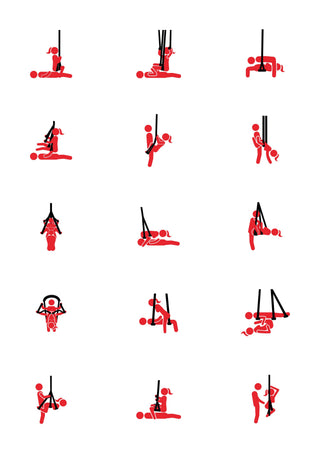 Sexton stickfigursillustrationer av par som använder Lovers Sexswing With Stand i olika intima positioner.