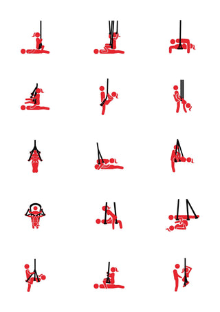 Sexton stickfigursillustrationer av par som använder Lovers Sexswing With Stand i olika intima positioner.
