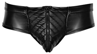 Herrbriefs med Öppen Baksida i svart, glänsande quiltat fuskläder med vadderad dragkedja framtill och öppen bakdel för en djärv stil.