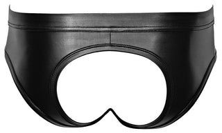Herrbriefs med öppen baksida i svart läder med stor cirkulär cutout som exponerar stussen.