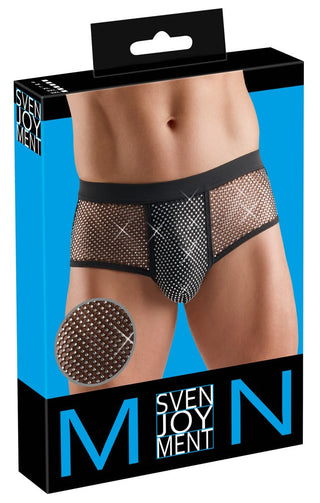 En låda med en man i Glittrande Nätpants Herr med nätinsatser och glittrande stenar, märkt SVENJOYMENT.