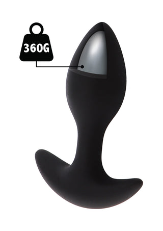 Svart silikonanalplugg med inbyggd vikt på 360 g och viktangivelse på pluggen.