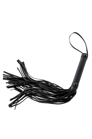 Blaze Läderliknande Flogger 24cm – en flogger med robust handtag och flera svarta läderliknande remmar, perfekt för både tillbehör och impact play.