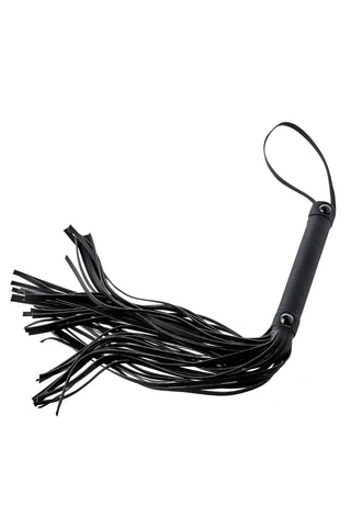 Blaze Läderliknande Flogger 24cm – en flogger med robust handtag och flera svarta läderliknande remmar, perfekt för både tillbehör och impact play.