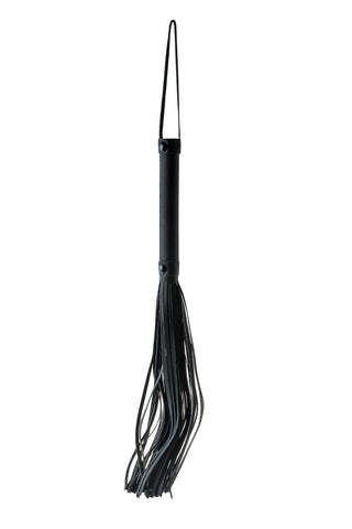 Blaze Läderliknande Flogger 24cm är en svart BDSM-piska med ett robust handtag, flera läderliknande svansar och en praktisk upphängningsögla.