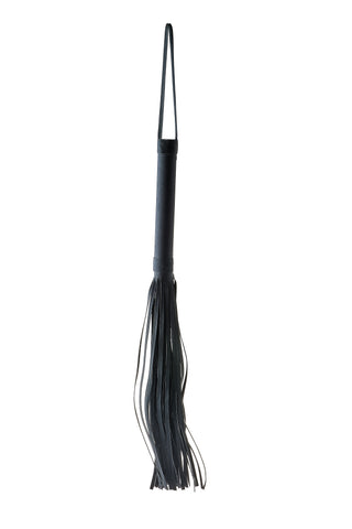 Blaze Läderliknande Flogger 24cm har en svart läderliknande design med ett robust handtag och långa, eleganta svansar – perfekt för att intensifiera vilken BDSM-session som helst.