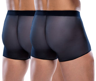 Två personer visas från baksidan iklädda skira svarta boxershorts, som påminner om midnattsblå byxor, mot en vit bakgrund, som visar upp 2-Pack Herrkalsonger.