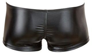 Herrboxers med Dubbel Dragkedja är tillverkad i svart konstläder med wetlook-look och visas mot en vit bakgrund.