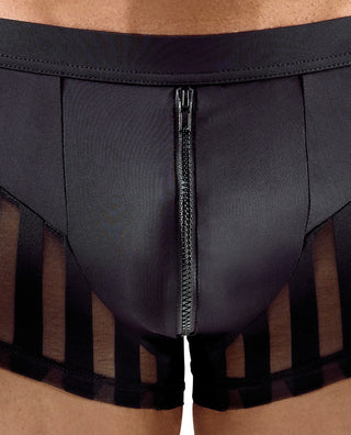 Närbild av Sexiga Herrkalsonger med Dragkedja-svarta herrkalsonger med dragkedja framtill, tillverkade av mikrofiber och skira meshpaneler med transparenta ränder på sidorna.