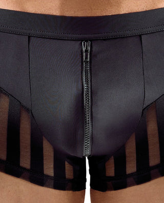 Närbild av Sexiga Herrkalsonger med Dragkedja-svarta herrkalsonger med dragkedja framtill, tillverkade av mikrofiber och skira meshpaneler med transparenta ränder på sidorna.