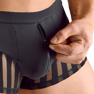 En person drar upp dragkedjan framtill på Sexiga Herrkalsonger med Dragkedja-svarta boxerkalsonger av mikrofiber med transparenta ränder.