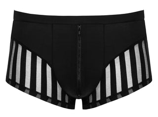 Sexiga Herrkalsonger med Dragkedja: Svart herrtrosa med vertikala svarta och vita ränder, transparenta partier och en dragkedja framtill för en sexig look.