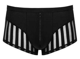 Sexiga Herrkalsonger med Dragkedja: Svart herrtrosa med vertikala svarta och vita ränder, transparenta partier och en dragkedja framtill för en sexig look.