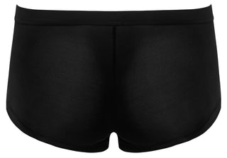 Sexiga Herrkalsonger med Dragkedja är underklädesshorts i svart mikrofiber med diskreta, transparenta ränder, som visas bakifrån på en vit bakgrund.