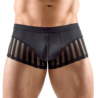 Man bär Sexiga Herrkalsonger med Dragkedja, svarta boxerkalsonger med transparenta ränder, meshdetaljer och dragkedja fram, visas från midjan till mitten av låret.