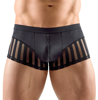 Man bär Sexiga Herrkalsonger med Dragkedja, svarta boxerkalsonger med transparenta ränder, meshdetaljer och dragkedja fram, visas från midjan till mitten av låret.