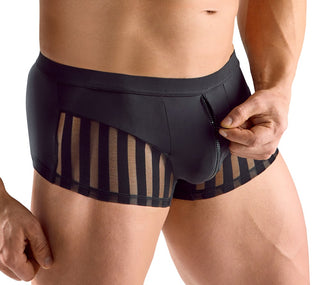 En man som visas från mitten av bröstet till låret bär Sexiga Herrkalsonger med Dragkedja-svart nätrandig boxerkalsong med transparenta ränder och dragkedja framtill.