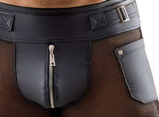Svarta herrshorts i mesh med dragkedja framtill och en liten sidficka.