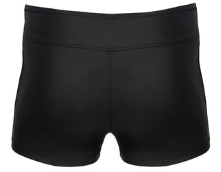 Svarta meshshorts för män med figursydd passform, fotograferade bakifrån mot en enfärgad vit bakgrund.