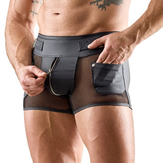 Svarta shorts i nät med dragkedja fram och sidoficka; produkten är tillverkad av genomskinligt material.