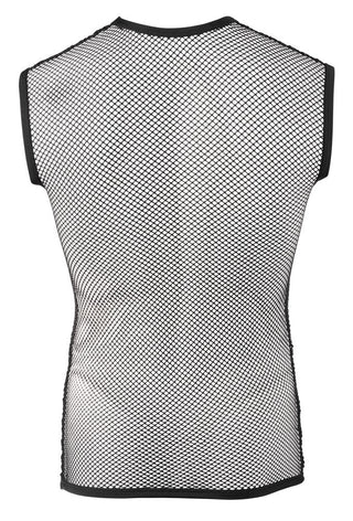 M. Net Shirt visar upp en edgy look med sin svarta nätdesign gjord av grovt nätmaterial, med ärmlösa vidöppna meshmönster och en stilig solid svart kant.
