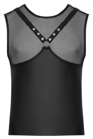Svenjoyment Harness Skjorta - svart ärmlös skjorta med meshöverdel, bröstsele-detalj och silvernitar på bröstet, perfekt för en unik fetischlook.